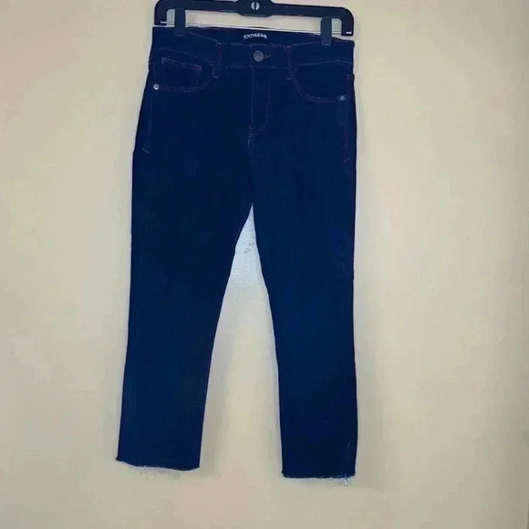Express Dark Rinse Mid Rise Skinny Denim Jeans with Red Stitching Size 2P - Picture 2 of 11